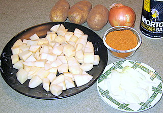 ingredients for potato curry include, onions, potatoes, salt, spices